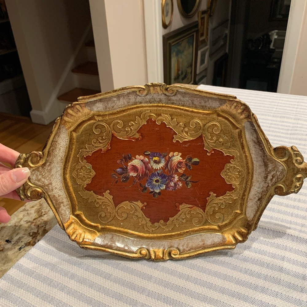 Vintage Italian Florentine Golden Tray, Red and Gilt